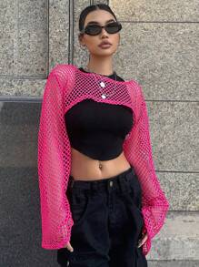 DAZY Hollow Out Super Crop Top Without Cami Top Festival Sheer Long Sleeve Women Tops - Hot Pink - View 6