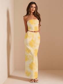 SHEIN BAE 2 piezas Conjunto/Atuendo de mujer para el verano y la playa, estampado floral amarillo, apropiado para resort de isla, fiesta de cumpleaños, festival de música - Amarillo - Ver 5