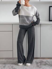 EURMUSE Casual Crew Neck Drop Shoulder Color Block Cozy Sweater Pullover & Wide Leg High Waist Solid Color Knitted Pants 2 Pieces Set For Fall Winter Outfits,Petite - Grey - View 5