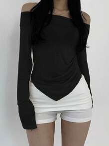 DAZY Camiseta casual de manga larga con hombros descubiertos de unicolor para mujer, ropa de mujer de otoño Y2K