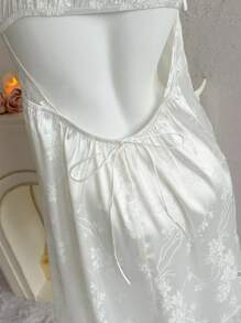 Sweetina Vestido de satén con espalda de encaje y unicolor elegante en beige y blanco, lencería de salón sensual - Blanco - Ver 5