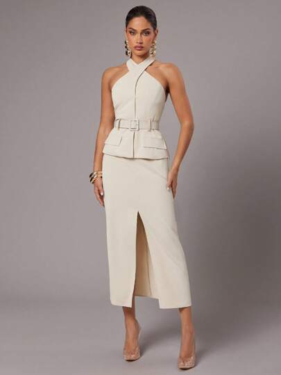 Silquee High-End Series Summer Solid Color Beige Early Autumn Overlap Halter Neck Ladies Fashion Backless Sling Flip Pocket Cover With Belt With Cloth Buckle Japanese Buckle Suit Top And Front Slit Skirt Suit Suit, Suitable For Going Out To Work, Office Women Business Casual Women's Daily Leisure Suit Suit Two-Piece Suit Two Piece Skirt Set Formal Two Piece Set Vest And Skirt Set Linen Two Piece Set Neutral Two Piece Set