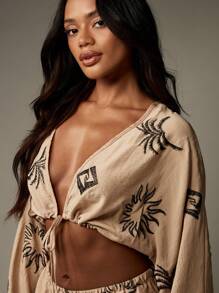 MISSGUIDED Boho Festival Linen Feel Two Piece Crop Top Shorts Set Embroidered Sun Pattern Beach Wear Summer Resort Wear - Champagne - View 5