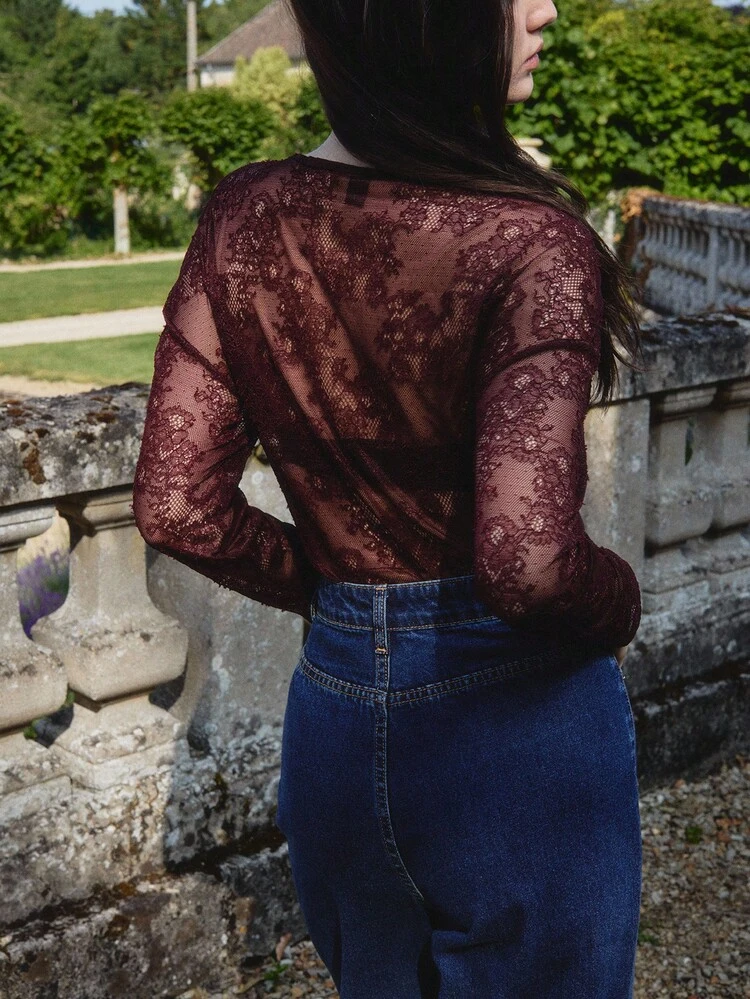 Sexy Sheer Lace Long Sleeve Top With Asymmetric Buttons Spring Top Night Out Top Club Spring Summer