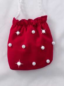 Elladie kids 年轻女孩纯色翻领泡泡袖前开可爱夏季连衣裙，配迷你手提包 - 紅色 - 查看 3