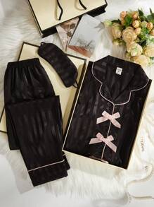 Tween Girls Striped Black Woven Fabric Crepe Soft Casual Pleated Flounce Bow Front Decor Short Sleeve Top And Pants 2 Pieces Elegant Fashionable Loungewear Set - Black - View 3