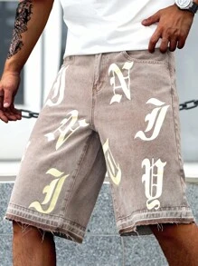 Manfinity EMRG Quần short denim ống rộng in chữ giản dị mùa hè dành cho nam - Cà phê nâu - Xem 1