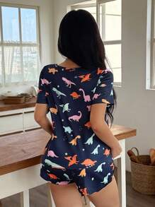 SHEIN Women Colorful Dinosaur Print 2 Pieces Pajama Set, Cute And Comfortable Casual Loungewear - Black - View 2