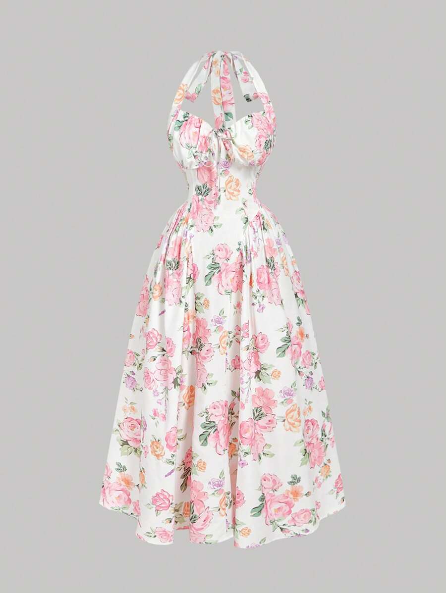 SHEIN MOD 大码花卉印花连衣裙、节日长裙、生日连衣裙 - 彩色 - 查看 1