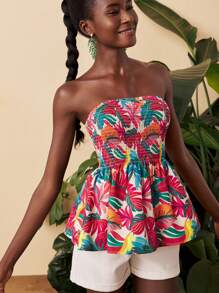 Travachic 女士度假荷叶边下摆热带印花抹胸短款上衣 - 彩色 - 查看 7