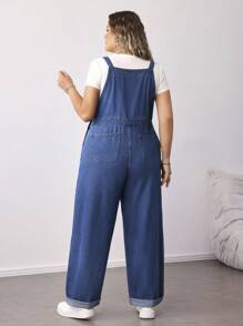 SHEIN CURVE+ Plus Size Blue Denim Jumpsuit Loose Overalls Comfortable Elastic Waist Tapered Pants Design Autumn Casual Wear Back To School Clothes