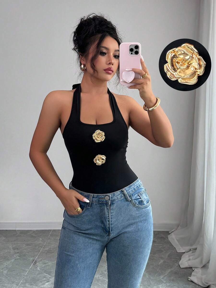 Rafferiza 女式挂脖金属玫瑰装饰紧身衣 - 黑色 - 查看 1