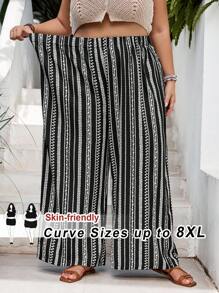 SHEIN CURVE+ 大码女式条纹松紧腰阔腿宽松休闲裤夏季/乡村/海滩度假装/沙滩装/沙滩装 - 黑與白 - 查看 3