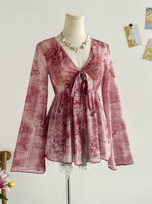 Soleia Women's Retro Newspaper Print V-Neck Front Tie Bow Flare Sleeve Asymmetric Ruffle Hem A-Line Top, Suitable For Vacation, Early Autumn, Party, Date, Afternoon Tea, Layering,Graphic Tops,Night Out  Going Out Tops,Back To School,Homecoming Vintage Blouse Shabby Chic Top Feminine Top Rose Print Blouse