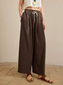 Ontre 2025 女士纯色抽绳腰长裤，休闲夏季沙滩度假装 - 咖啡棕 - 查看 5