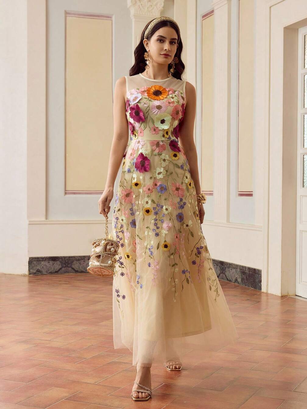 embroidered flower mesh dress Women Boho Flower Embroidered Long Sleeves Dress Floral Lace Mesh Dress  Apricot