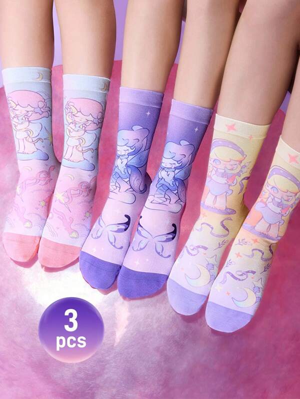 Pop Mart Azura X SHEIN 3 Pairs Cartoon Pattern Fashion Gradient Color Macaron Soft Breathable Sweat-Absorbing Women's Elastic Crew Socks, Printed Patterns Suitable For Spring, Summer, Autumn; Purple & Pink Bear Print Mid-Calf Socks, Rainbow Cloud Breathable Soft All-Season Socks For Women