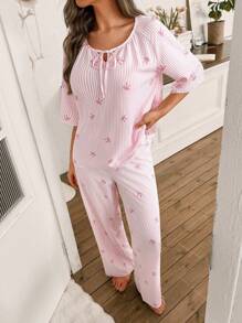 SHEIN Conjunto de pijama de mujer con cuello redondo, rayas rosas, estampado de lazos y mangas 3/4 con cordón - Rosa - Ver 3
