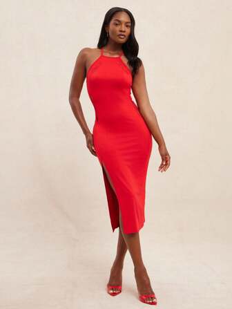 NYA SZN 连衣裙 露背领口 镂空细节 修身 紧身 开衩 场合 约会 生日 度假 春夏 中长款 女士连衣裙