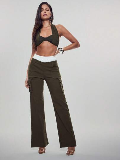 Denimoi Pantalones holgados casuales de mujer con bolsillos tipo cargo y bloque de color