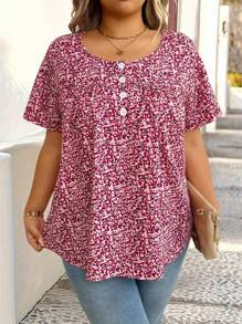 SHEIN Plus Size Casual Short Sleeve Loose Ditsy Floral Shirt - Multicolor - View 1