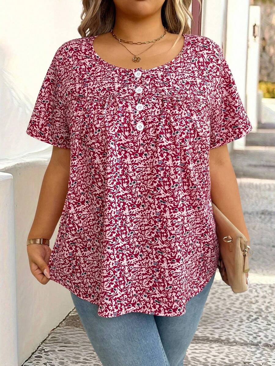SHEIN Plus Size Casual Short Sleeve Loose Ditsy Floral Shirt - Multicolor - View 1