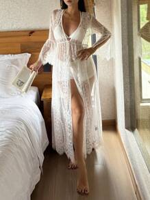 DAZY Bata larga de mujer de encaje transparente y romántica, estilo de pijama de resort de playa