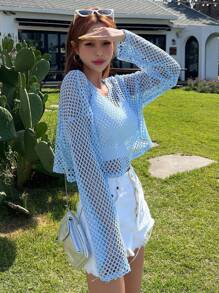 DAZY Hollow Out Drop Shoulder Crop Top Without Bra Festival Sheer Long Sleeve Women Tops,Fall Women Clothes - Blue - View 7