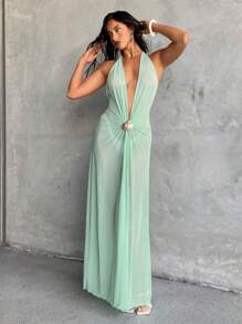Aloruh 女式薄荷绿无袖长裙，V 领褶皱后开衩设计，带金属贝壳装饰，性感露背沙滩罩衫薄荷绿长裙淡绿色连衣裙透视长裙镂空连衣裙深 V 领连衣裙女士沙滩装泳装罩衫 - 薄荷綠 - 查看 4