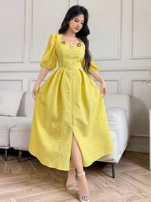 Modelyn 优雅法式复古风V领泡泡袖中长连衣裙，高端奢华气质，黄色