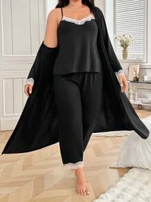 SHEIN Set Pakaian Tidur Kasual Lembut dan Nyaman Ukuran Besar dengan Hiasan Renda, Pakaian Musim Gugur & Musim Dingin, Busana Nyaman - Hitam - View 6