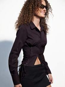 GENKIRA 立领系带鱼骨长袖女衬衫女夏装乡村音乐节沙滩度假教师俱乐部可爱 - 鏽棕色 - 查看 1