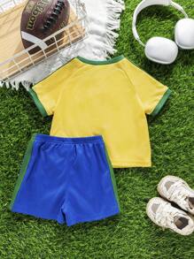 2pcs/Set Baby Boy/Girl Brazil Team Inspired Sports Jersey Knit Short Sleeve T-Shirt And Shorts Set, Comfortable, Breathable, Cool And Sweat-Wicking, Suitable For Indoor, Outdoor, Daily Wear, Sports, Play, Party, Photo Shoot, Vacation, Match, Spring/Summer - Yellow - View 3