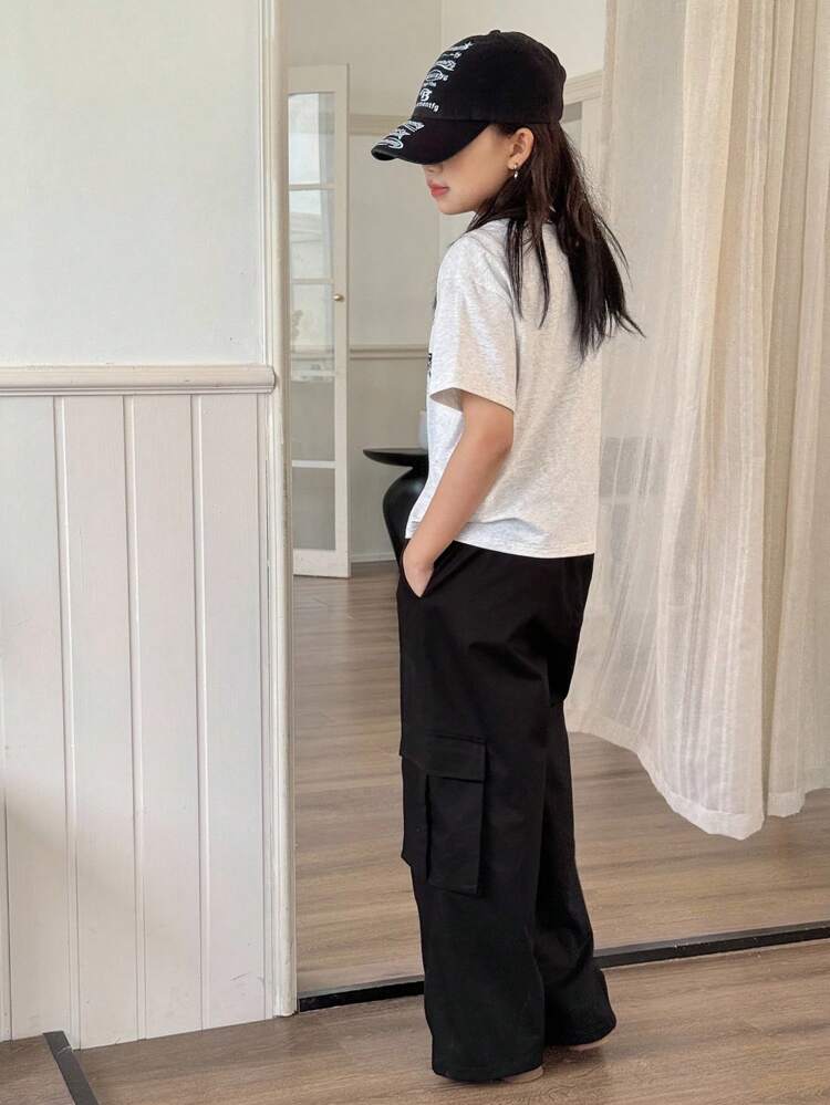 New Tween Girl Fall Clothes 2 Pieces Girls Set, Floral Print Casual Top And Streetwear Style Utility Pants Outfit