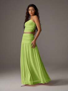 TRNVIE 2 件套女士浪漫粉色网眼抹胸和高腰褶皱网眼长裙，度假风格，春夏 - 綠色 - 查看 7