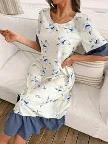 SHEIN Camisón de mujer holgado de manga larga con estampado floral y dobladillo con volantes en contraste