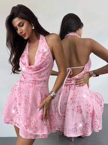 Firerie Women's Pink Floral Sequin Dress,Summer Girly Night Out Bodycon Backless Draped Neck Beaded Floral Embroidery Elegant Party Music Festival Dress - Pink - View 6