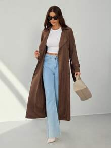 SHEIN Tall Women Casual & Commute Minimalist Elegant Long Trench Coat,Fall Women Clothes - Brown - View 4