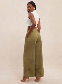 NYA SZN Pantalon taille haute avec détail de revers plissé, tenue de bureau, tenue d'affaires, décontracté, jambe droite et large, pour enseignante, rentrée scolaire, automne/été, couleur kaki olive, pour femmes