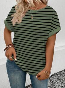 INAWLY Women's Round Neck Short Sleeve Striped Print Casual Versatile Plus Size T-Shirt, Spring/Summer - Green - View 5