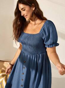 LanaWest CURVE 大码女式纯色牛仔效果泡泡袖前襟装饰连衣裙 - 藍色 - 查看 5