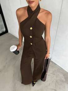 Lavishia Sophisticated Gold Rose Buckle Black Halter Top + Flare Pants 2 Pieces Set, Suitable For Daily Commute - Chocolate Brown - View 7