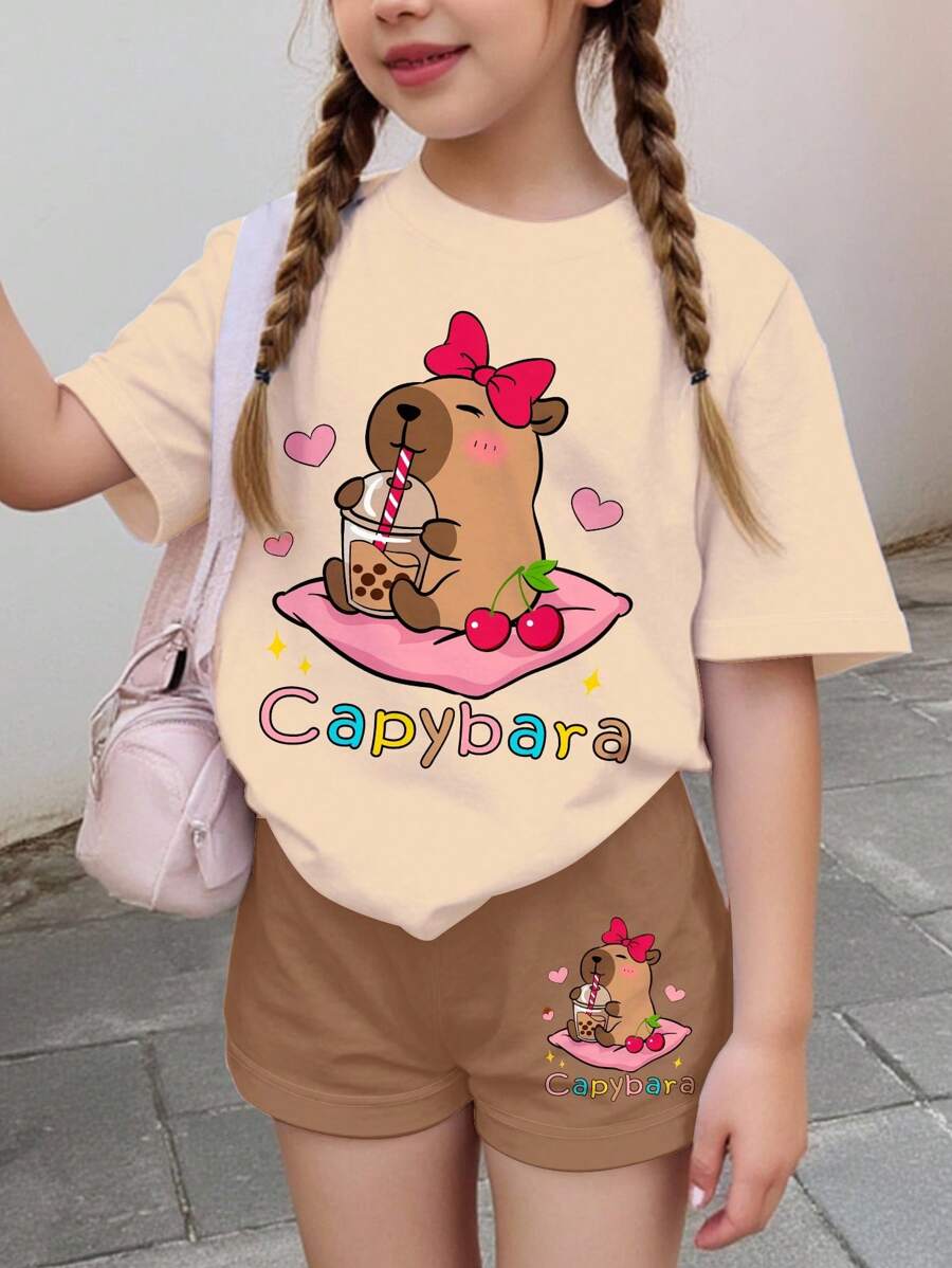 SHEIN Leap Crew 女童休闲卡通印花短袖T恤和短裤两件套,夏季 - 彩色 - 查看 1