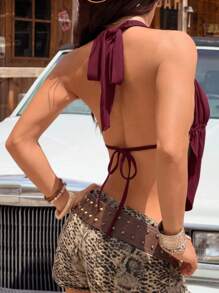 SHEIN EZwear Tank Top Rajut Seksi Tanpa Lengan dengan Leher Berlipat Warna Merah Anggur untuk Wanita, Musim Panas - Burgundy - View 2