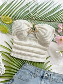 Soleia Blusa corta de punto acanalado y texturado de color albaricoque con decoración de botón metálico en forma de corazón hueco, silueta entallada, adecuado para fiesta, cita, té de la tarde, vacaciones en la playa, festival de música, carnaval, se puede usar como interior o exterior - Albaricoque - Ver 5