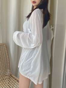 DAZY Camisa larga de mujer con hombros caídos y mangas largas, estilo preppy y transparente