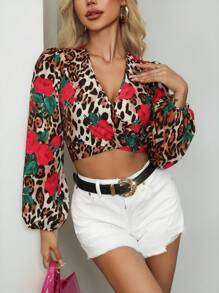 Xyvia Blusa con escote en V, mangas largas y lazo, estampado de leopardo, sexy, para mujer - Multicolor - Ver 5