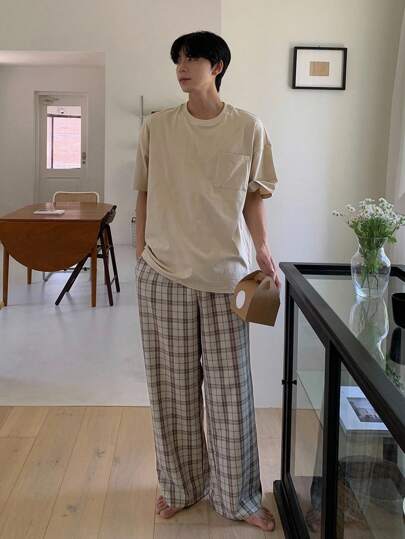 DAZY 男士格子裤和T恤搭配家居套装，春夏睡衣