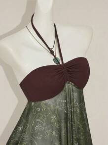 SHEIN ICON Y2k Nữ Kiểu Tây Boho Babydoll Màu Nâu Và Xanh Lá Cây Kỳ Nghỉ In Họa Tiết Paisley Hạt Điều Dây Rút Cổ Halter Camisole - Nhiều màu - Xem 6
