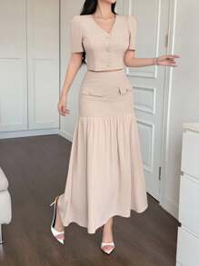 DAZY Women's Summer Solid Color Single-Breasted Puff Sleeve Shirt And Skirt 2 Pieces Elegant Set - Apricot - View 1
